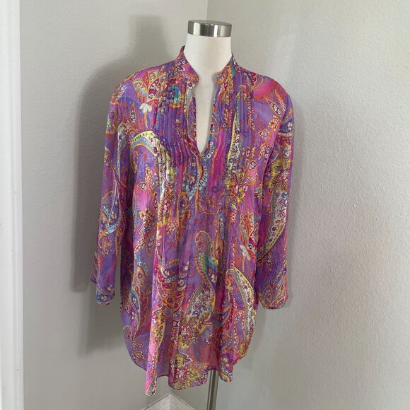 Lauren Ralph Lauren Womens Plus 1X Tunic Top Blouse Purple Paisley Silk Metallic - Picture 1 of 11